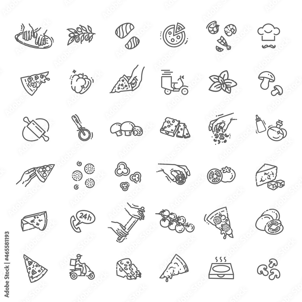 Italian traditional pizza vector outline icons set. Ingredients