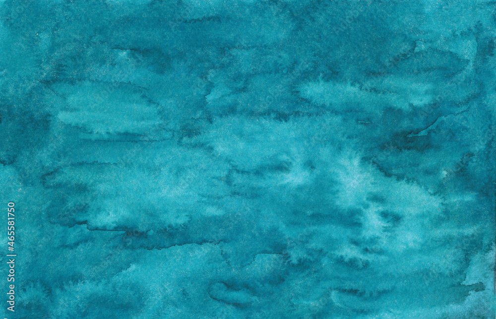 Blue green abstract watercolor. Dark teal background with copy space for design. Aquarelle canvas texture. Hand drawn.
