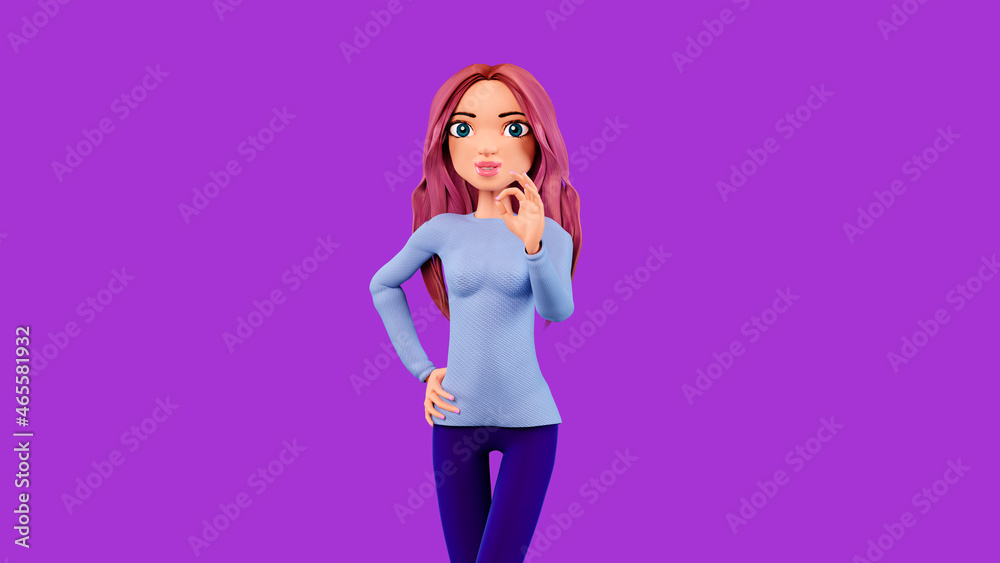 3d Cartoon character with OK gesture. Cartoon woman shows okay sign,  isolated on white background. Positive young woman with pink hair, 3d  render. Stock Illustration | Adobe Stock
