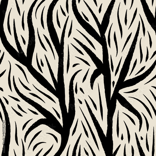 Vector drawn black vines ivory seamless pattern