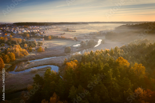 Radunia river meanders in the autumnal scenery before sunrise, Kashubia. Poland