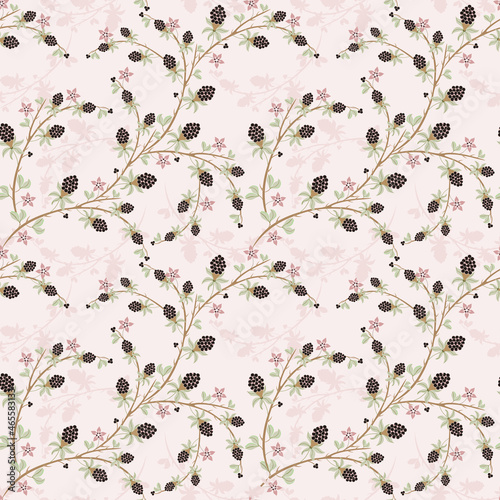 Trendy seamless pattern with elements of delicate pink flowers and ripe black berries on a white background. Repeating design for wallpaper, packaging, textile, print, cover, banner