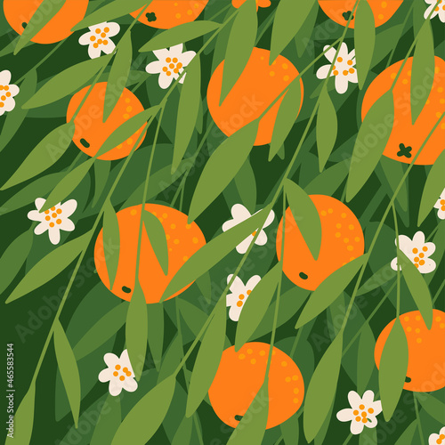 Stylish orange flowering branches background. Citrus backdrop design. Fruit print on green background. Flat vector illlustration.
