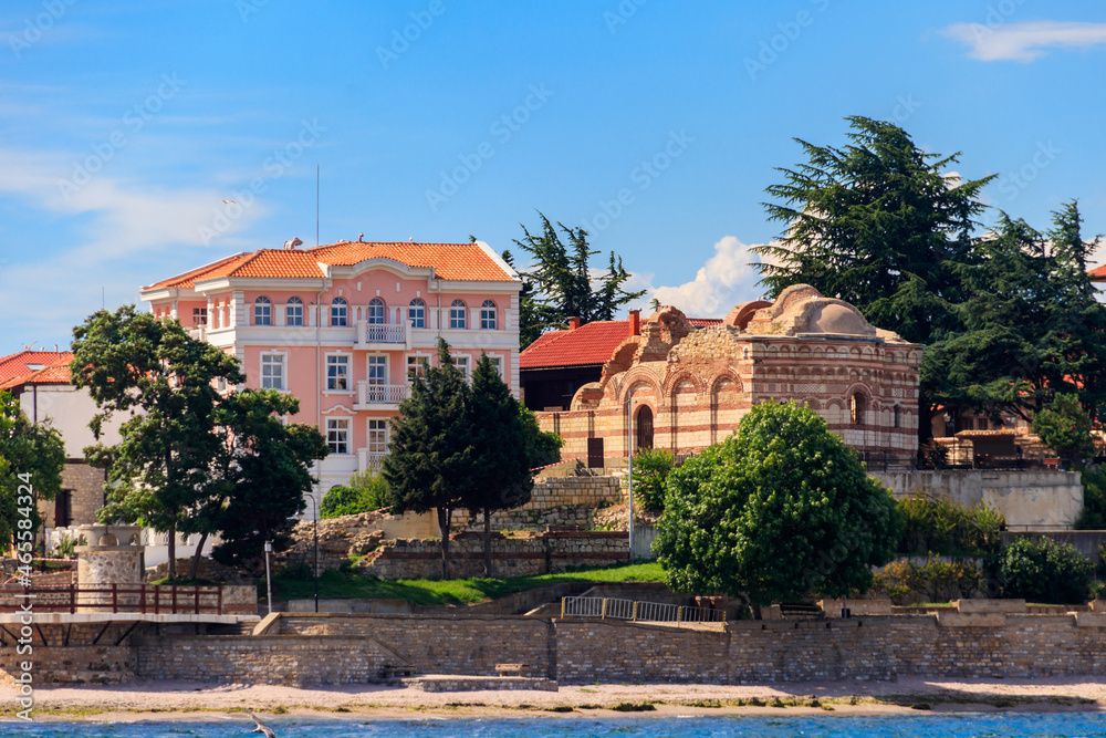Church of St. John Aliturgetos in the old town of Nessebar, Bulgaria. View from a sea