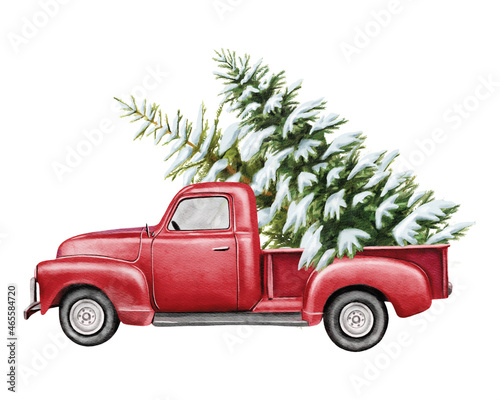 Christmas red vintage pick up with christmas tree and gifts. Hand painted watercolor illustration isilated on white background