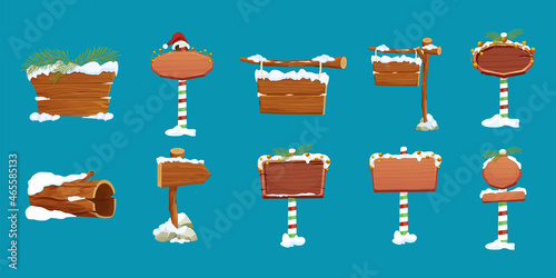 Set Christmas wooden signboard, road signs on striped stick with decoration, empty frame in cartoon style isolated on white background. Holiday decoration. Ui game asset.