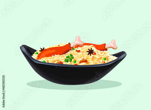 Vector illustration of Chicken  Biryani , Kerala dum chicken biryani arranged in a black pot 