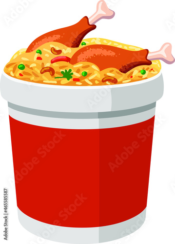 Vector illustration of Chicken Bucket Biryani , Kerala dum chicken biryani arranged in a red bucket container with white textured background.