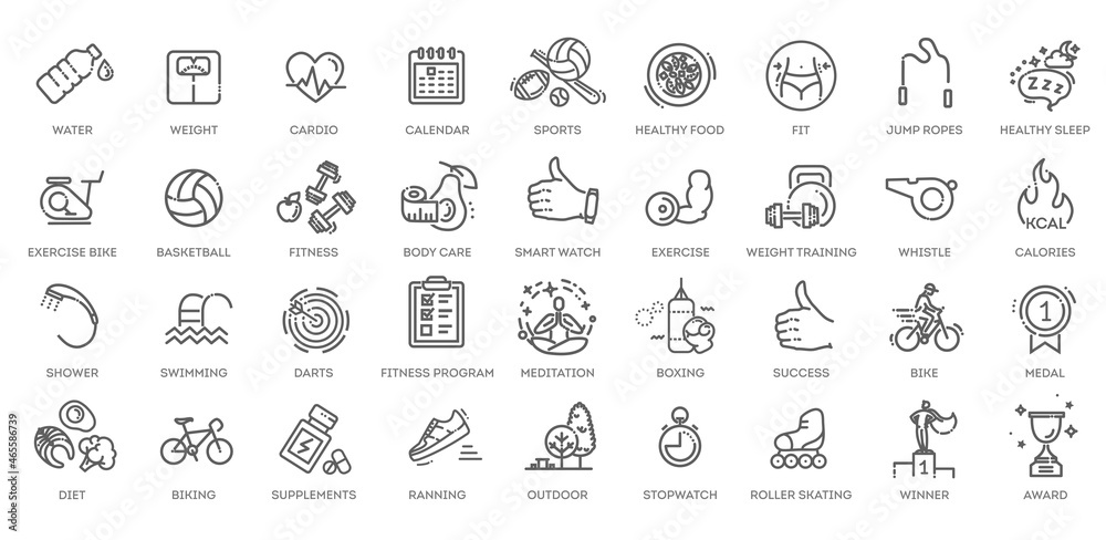 Web Set of Fittness Vector Thin Line Icons. Contains such Icons as Healthy Lifestyle, Weight Training, Body care and more. Web Set of Fittness Vector Thin Line Icons. Contains such Icons as Healthy Lifestyle, Weight Training, Body care and more.