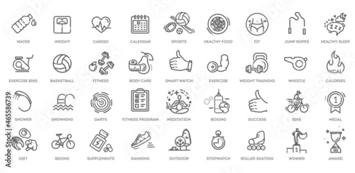Web Set of Fittness Vector Thin Line Icons. Contains such Icons as Healthy Lifestyle, Weight Training, Body care and more.