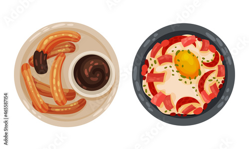 Churros with Hot Chocolate and Scrambled Egg as Served Spanish Cuisine Dish Above View Vector Set
