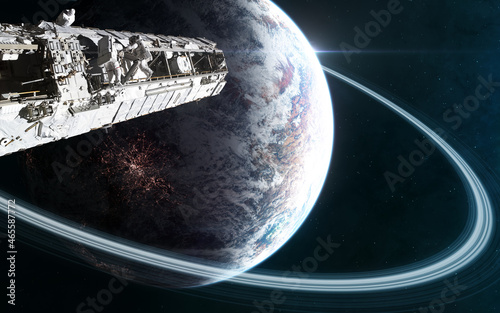 Fototapeta Naklejka Na Ścianę i Meble -  Space station on background of deep space planet. Science fiction. Elements of this image furnished by NASA