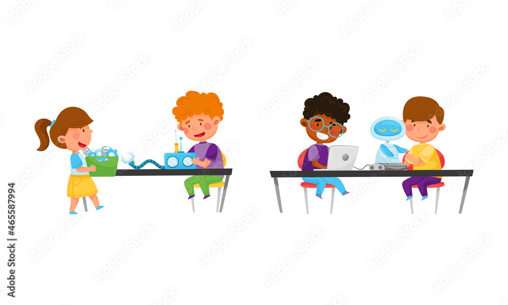 Little Boy and Girl at Table Engineering and Configurating Robot Vector Set Little Boy and Girl at Table Engineering and Configurating Robot Vector Set