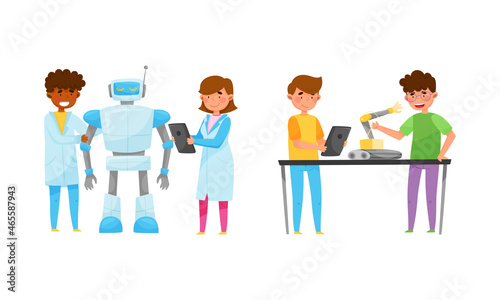 Young Boy and Girl at Table Engineering and Configurating Robot with Tablet Vector Set