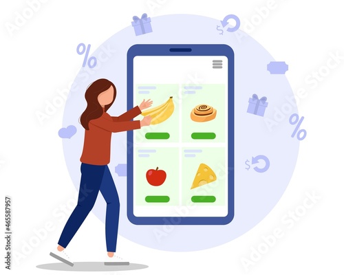 Woman buys groceries online. Stay at home. Vector illustration