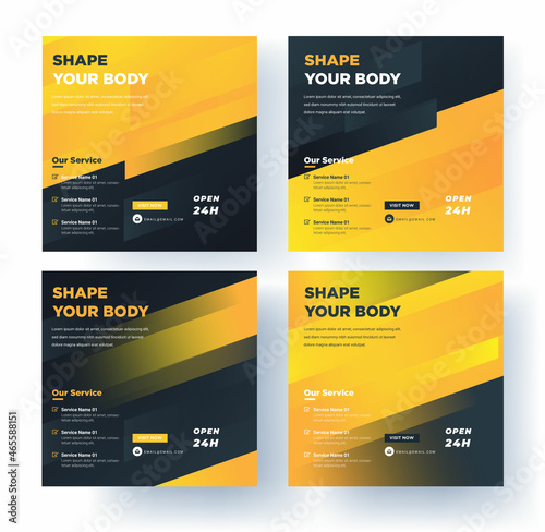 Gym fitness social media banner template with modern shapes premium vector premium vector