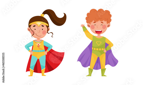 Cute Boy and Girl Wearing Superhero Costume Pretending to Have Super Power Vector Set