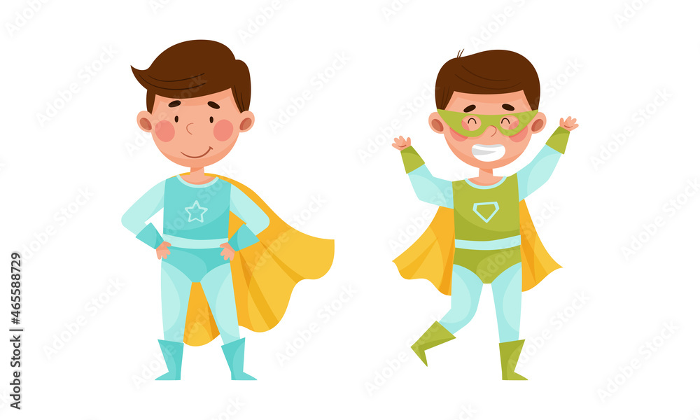 Cute Boy Wearing Superhero Costume Pretending to Have Super Power Vector Set Cute Boy Wearing Superhero Costume Pretending to Have Super Power Vector Set