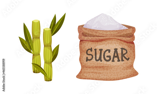 Burlap Sack Full of Refined Sugar and Sugarcane as Sweetener for Food and Drink Vector Set