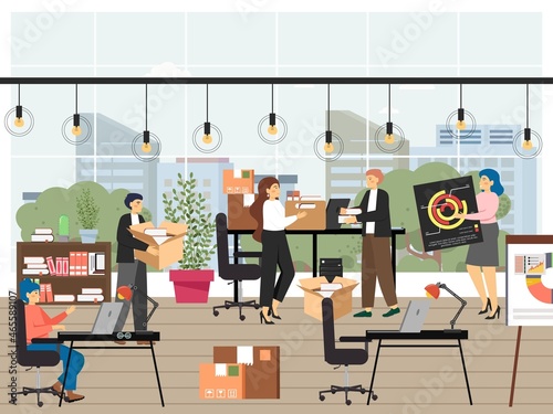 Office scene set, flat vector illustration. Workflow, moving and relocation to new office space.