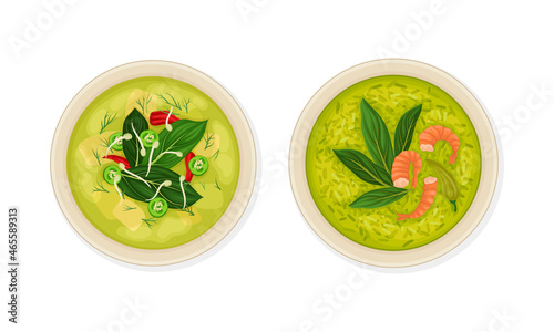 Thai Dish and Main Course with Rice Soup with Shrimp and Potherbs Served on Plate Above View Vector Set