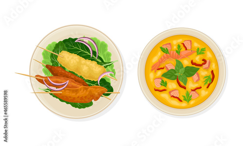 Thai Dish and Main Course with Noodles with Cream Seafood Soup and Skewered Fried Shrimp Served on Plate Above View Vector Set