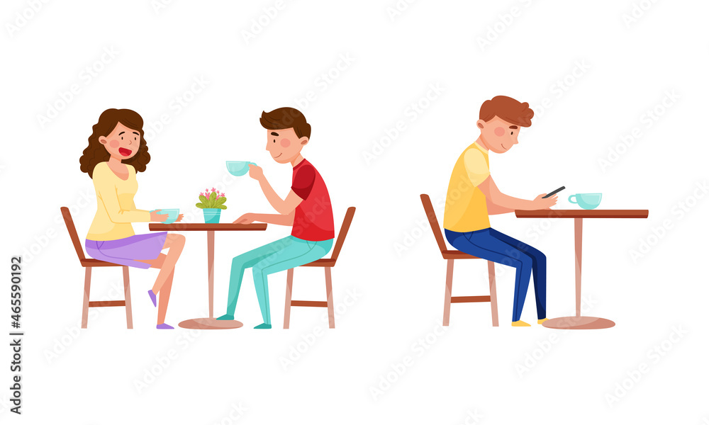 Man and Woman Sitting at Street Food Cafe Table Drinking Coffee Vector Set