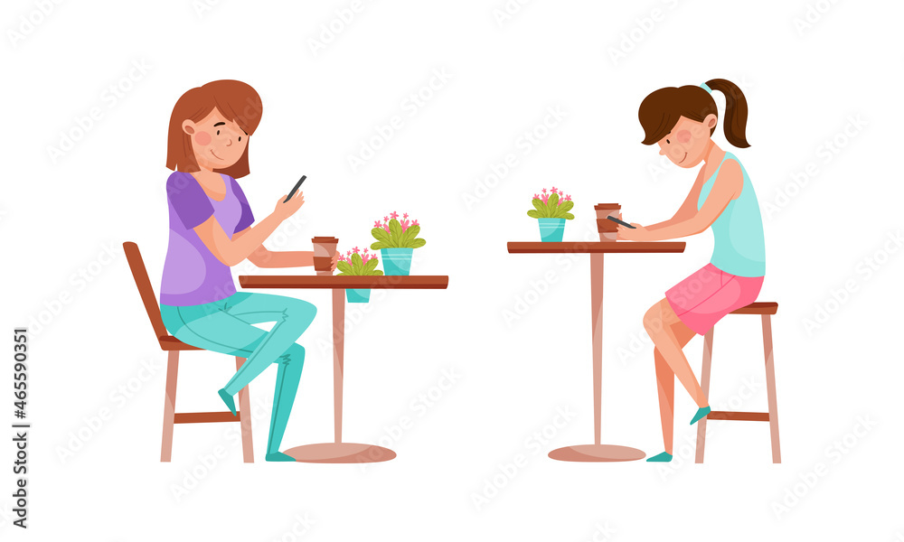 Fototapeta premium Woman Sitting at Street Food Cafe Table Drinking Coffee Vector Set