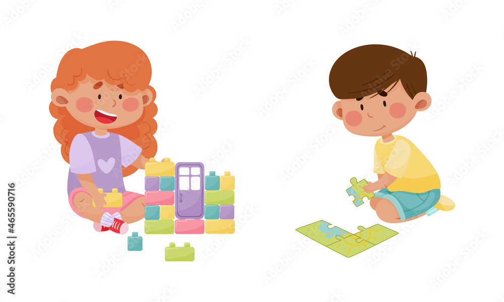 Little Boy and Girl Playing with Toy Blocks and Jigsaw Puzzle in Playroom Vector Set Little Boy and Girl Playing with Toy Blocks and Jigsaw Puzzle in Playroom Vector Set