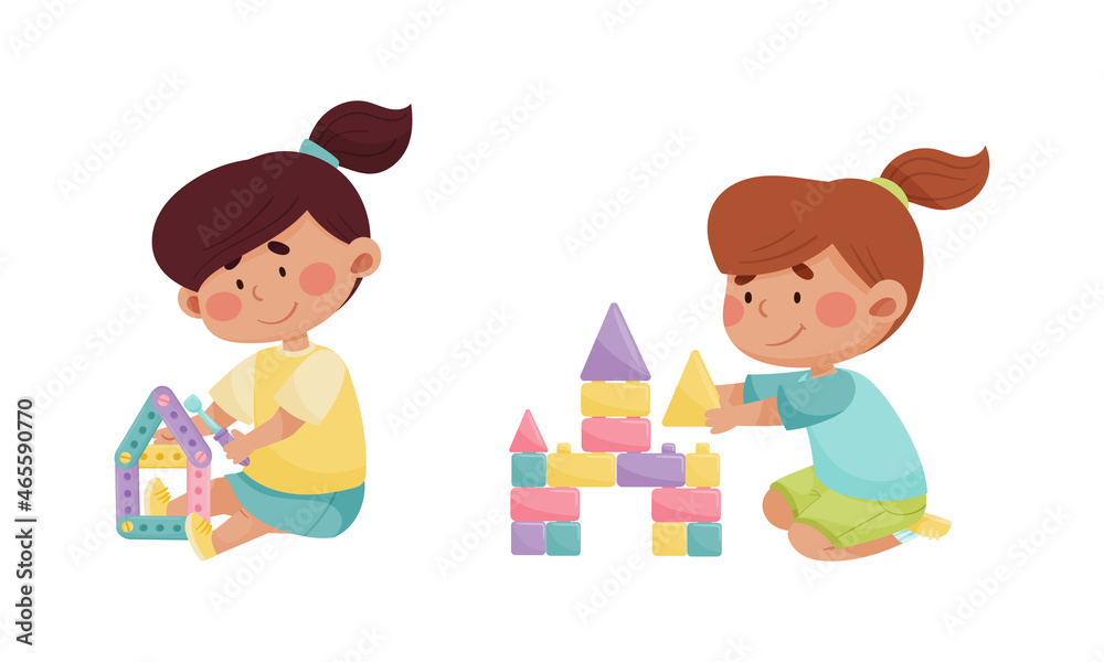 Little Girl Playing with Toy Blocks in Playroom Vector Set Little Girl Playing with Toy Blocks in Playroom Vector Set