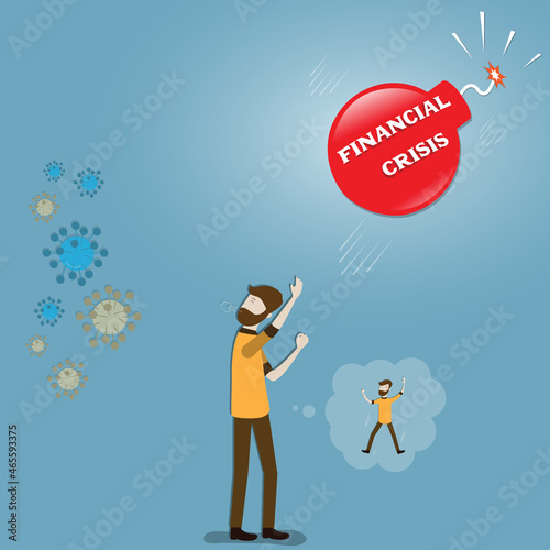 Flat design of business finance,Young businessman survives from virus pandemic but face the financial crisis - vector