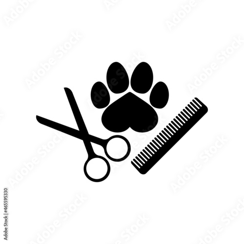 Dog grooming logo. Dog paw print, comb and scissors. Vector clipart and drawing. Isolated illustration on white background.