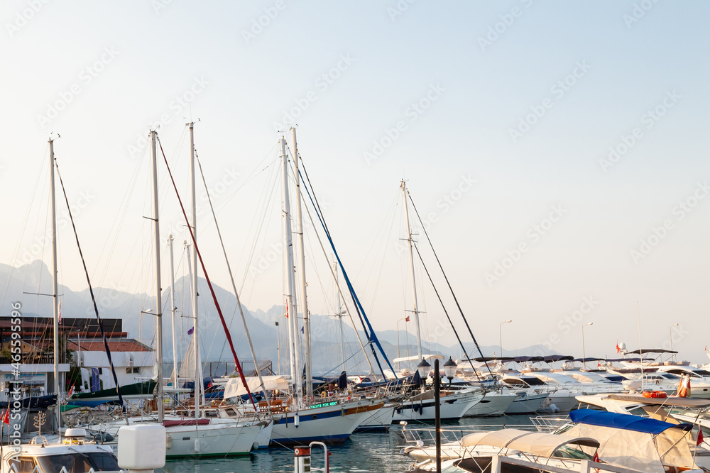 A lot yachts and boats in the port of Kemer, Turkey. Tourism and travel