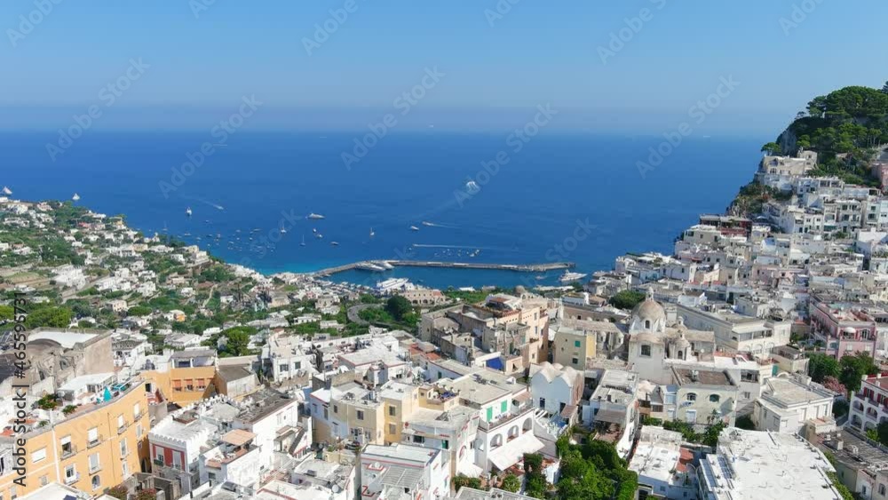 Capri, Italy: Aerial view of famous Italian island near Naples, north region Marina Grande, lot of boats and yachts around Porto Turistico di Capri - landscape panorama of Europe from above Capri, Italy: Aerial view of famous Italian island near Naples, north region Marina Grande, lot of boats and yachts around Porto Turistico di Capri - landscape panorama of Europe from above