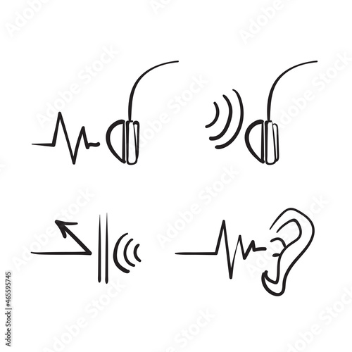 hand drawn doodle ear and headphone with sound wave block illustration vector isolated icon