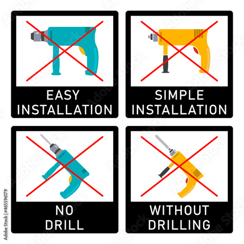 No drill, without drilling, easy installation, simple installation icon with power drill symbol. Crossed out vector clipart and sign. Design template for website elements, tag, sticker and other use.