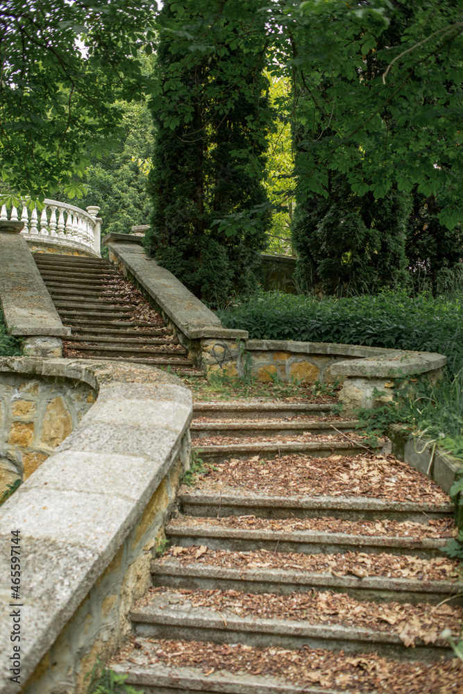 old stone staircase in an abandoned park. Fallen leaves lie on old steps and railings of stairs. concept is abandoned architecture of city.