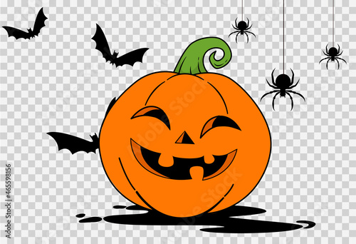 Halloween party background with smiles pumpkin looking at bats and spiders isolated on png or transparent, blank space for text,element template for poster,brochures, online advertising,vector