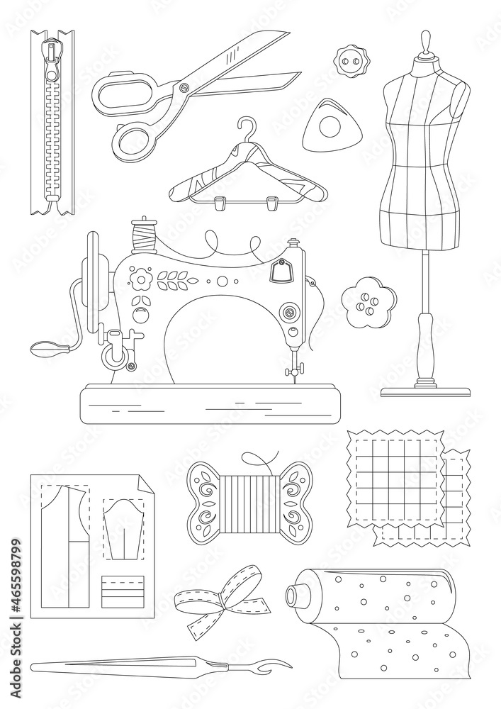 A set of items for sewing. Hand drawing. Coloring book for children and adults.