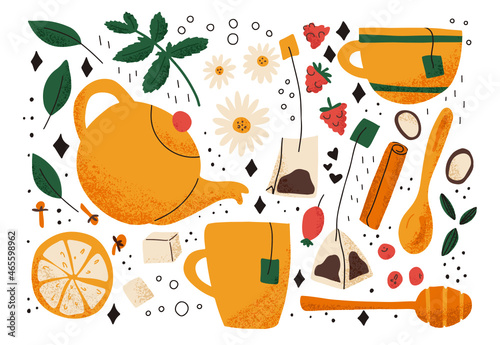 Tea illustration objects set vector. Flat style kitchen illustrations