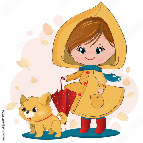 Little smiling girl in a yellow raincoat with a pet dog. The girl holds an umbrella in her hand. Child in autumn clothes on the street. Funny cartoon character with animal