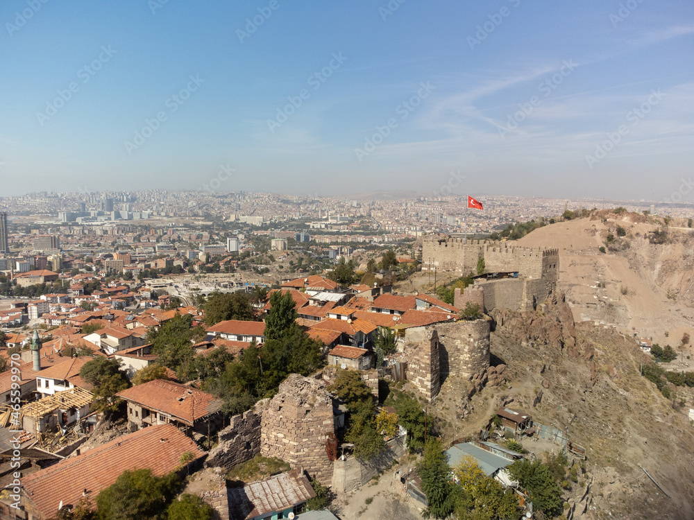 Aerial view on ancient Ankara fortress with Turkish flag
