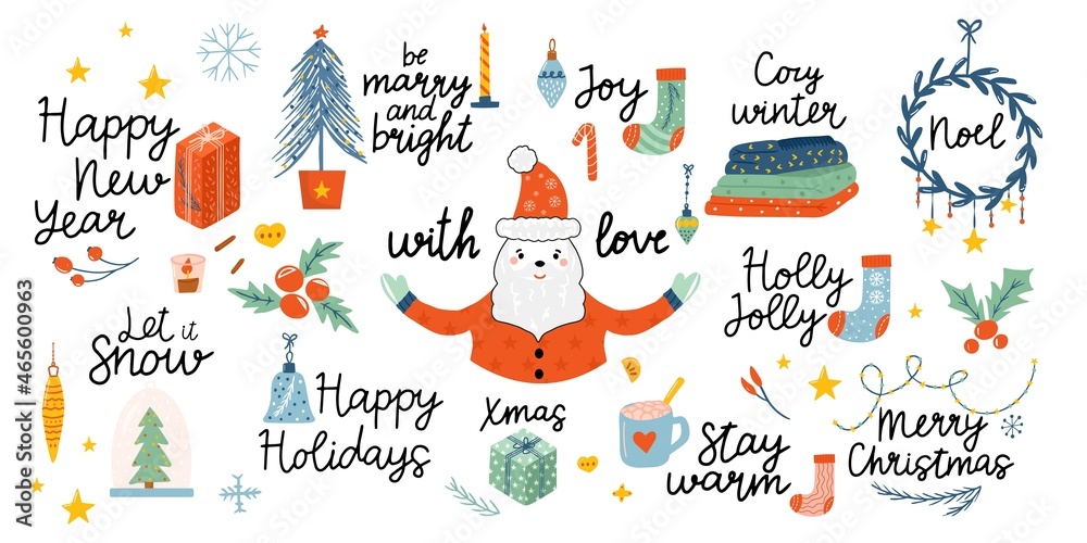 Vector set of cozy Christmas decorations with text. Bundle santa and sweets, hot cocoa, coffee, cake, gingerbread cookies, gifts, knitted woolen clothes. Kids illustration. Scrapbook trendy collection