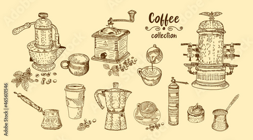 Coffee Hand Drawn Collection. Vector Sketch Illustration Set With Turk, Cups, Coffee Bag, Coffee Mill,Coffee Maker, Kettle, Cups, Latte. Sketch graphic elements for menu design. 