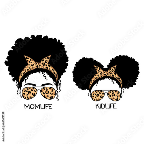 Woman face and girl face with aviator glasses, bandana and leopard print. Afro Women. Messy Bun Mom Lifestyle. Messy Bun Girl Lifestyle. Vector illustration. 