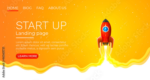 Start up idea Landing page screen, development technology, rocket banner. Vector