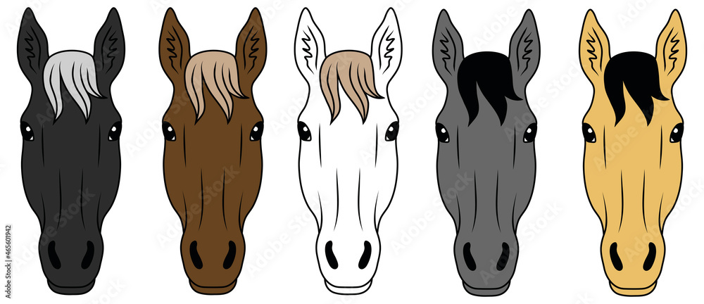 Horse Face / Head Front Clipart Set - Color Stock Vector