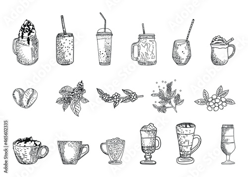 Coffee Hand Drawn Collection. Vector Sketch Illustration Set With Turk, Cups, Coffee Bag, Coffee Mill,Coffee Maker, Kettle, Cups, Latte. Sketch graphic elements for menu design. 