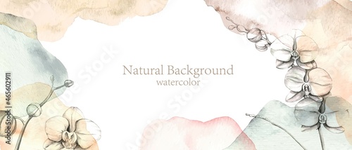 Elegant, romantic watercolor background with hand painted white orchids. Colorful watercolor blot, wash, ink imitation.