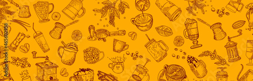 Coffee Hand Drawn Collection. Vector Sketch Illustration Set With Turk, Cups, Coffee Bag, Coffee Mill,Coffee Maker, Kettle, Cups, Latte. Sketch graphic elements for menu design. 